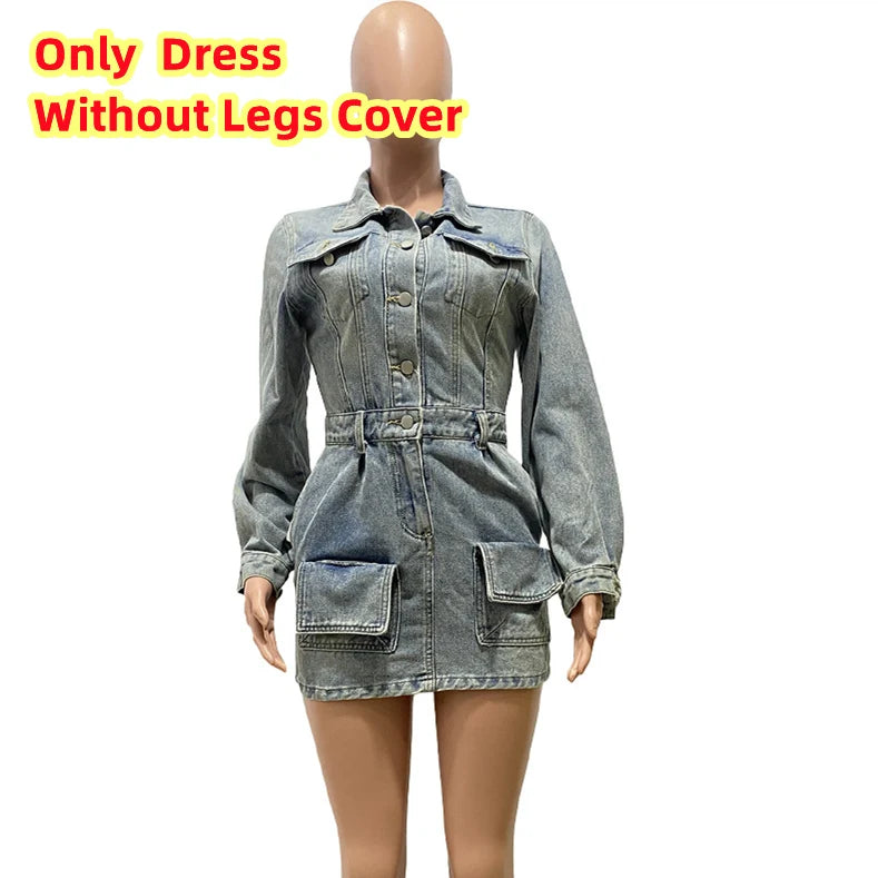 FAGADOER Fashion Button Long Sleeve Denim Mini Dress Women Turndown Collar Pocket with Leg Cover Clothing Female Cowboy Vestidos
