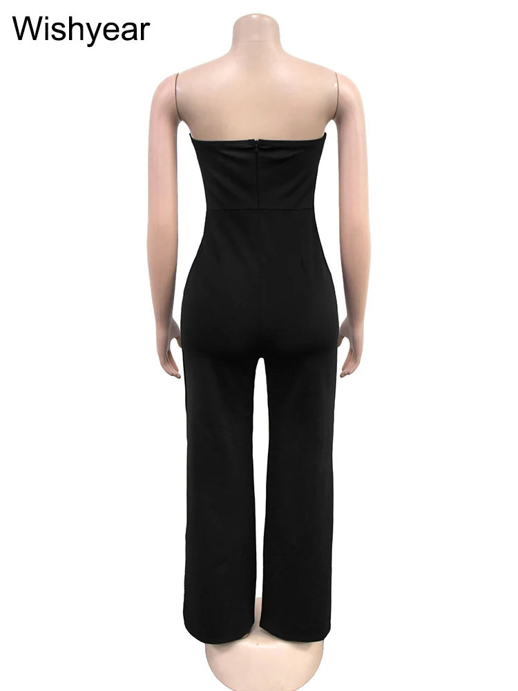 Wishyear Irregular Off Shoulder Sleeveless Strapless Jumpsuits Women Button Patchwork Wide Leg Pants Evening One Piece Outfits