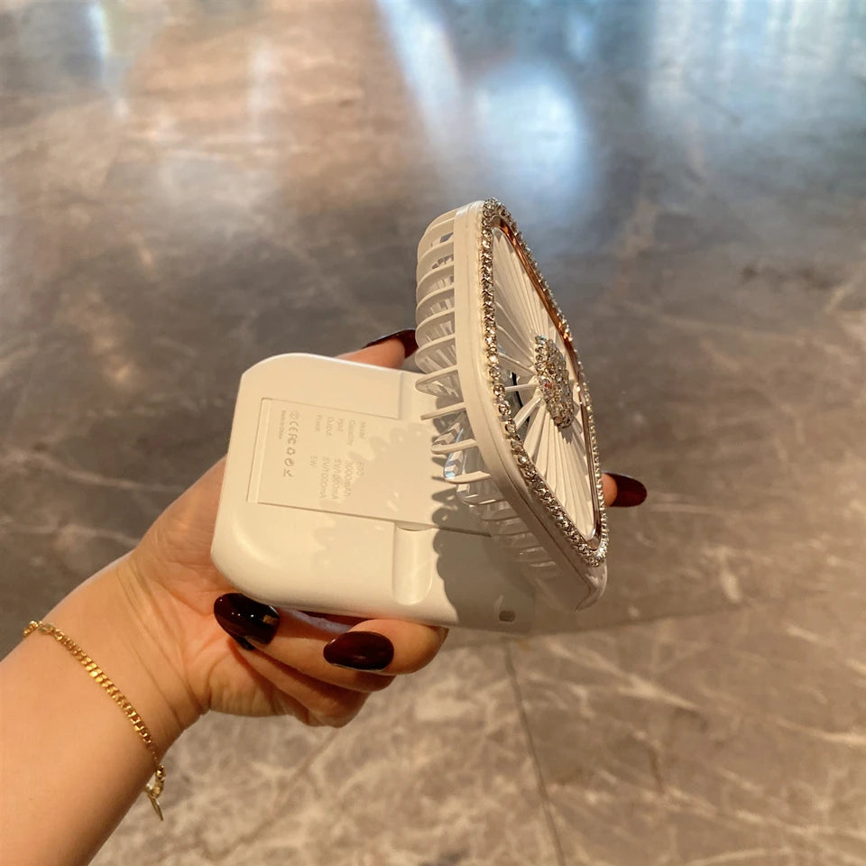 USB Folding Portable Mini Charging Small Fan Rhinestones Handheld Desktop Stand for Student Office Universal Cooling Ventilador