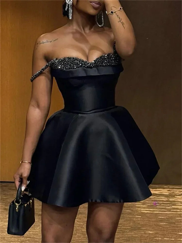 CPSYMYM  Sequins Patchwork Dress Women Shiny Shoulder Straps Sexy Backless Ruffles Hem Midnight Banquet Party Elegant Outfits
