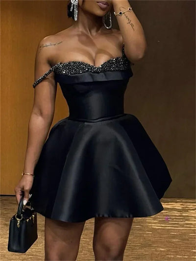 CPSYMYM  Sequins Patchwork Dress Women Shiny Shoulder Straps Sexy Backless Ruffles Hem Midnight Banquet Party Elegant Outfits