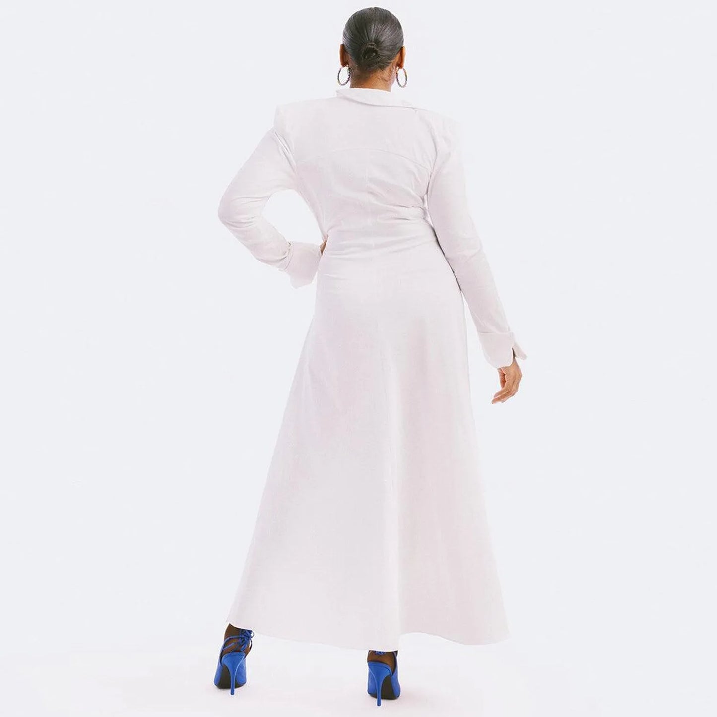CM.YAYA Vintage Women Long Sleeve High Side Split Ruched Up Wrap Lapel Collar White Maxi Long Dress Fashion Street Dresses