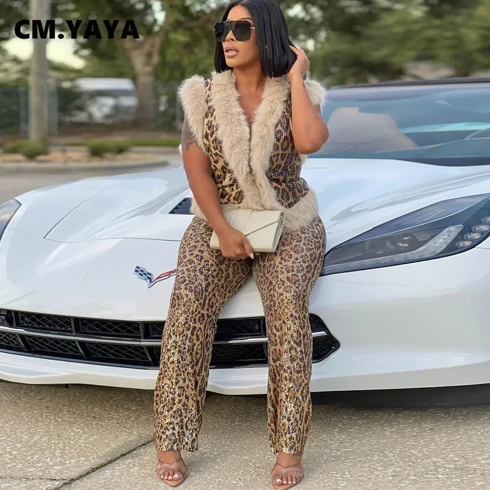 CM.YAYA Women's Set Sleeveless Fur Leopard Sequined V-neck Wool Vest and Pant Suits 2024 Street Two 2 Piece Set Outfit Tracksuit