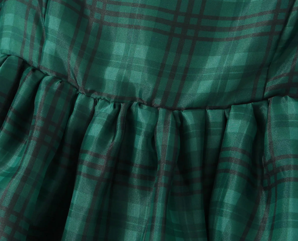 2024 Sweet Green Gingham Plaid Organza Ball Gown Dress Puff Sleeve Retro Women Swing Short Princess Robe Fairy Cake Vestidos