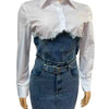 Denim Skirt Suit Women 2 Piece Sets Shirt Patchwork Turn Down Collar Belt Pockets Overshirt Straight Skirts Distressed Outfits