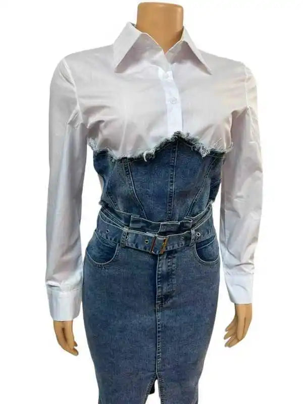 Denim Skirt Suit Women 2 Piece Sets Shirt Patchwork Turn Down Collar Belt Pockets Overshirt Straight Skirts Distressed Outfits