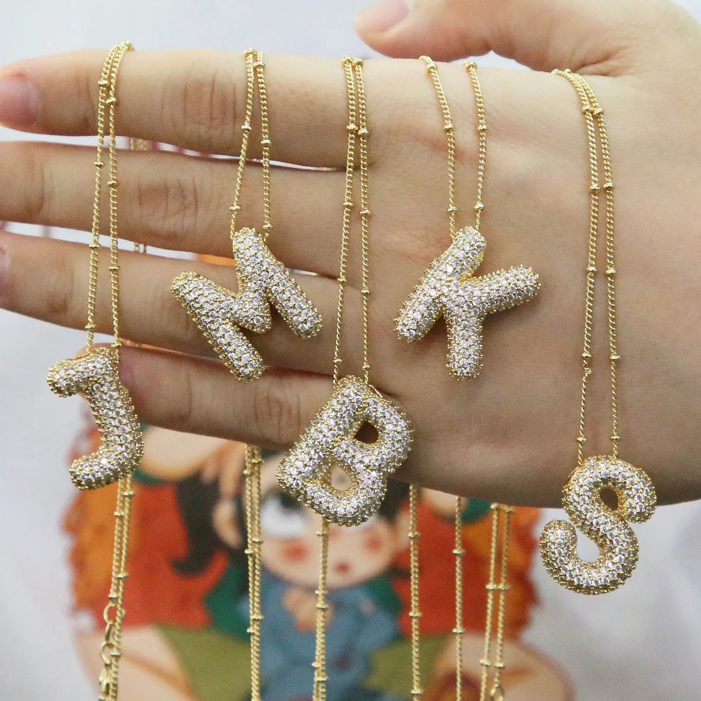Cubic Zirconia Gold Plated  Bubble Alphabet Letter Necklace Monogram Necklace Balloon Initial Necklace Gifts for Women Girls