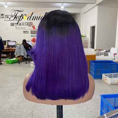 Topodmido Ombre Purple Color Short Hair Wig with Pre-Plucked Hairline Peruvian Hair Bob Lace Wigs with Dark Roots Lace Wigs