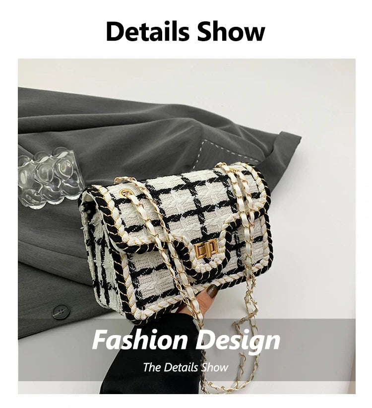 Black & White Plaid Casual Shoulder Bag Crossbody Handbag Women's Shoulder Bags Handbags With Top Handle Fashion Square Bag