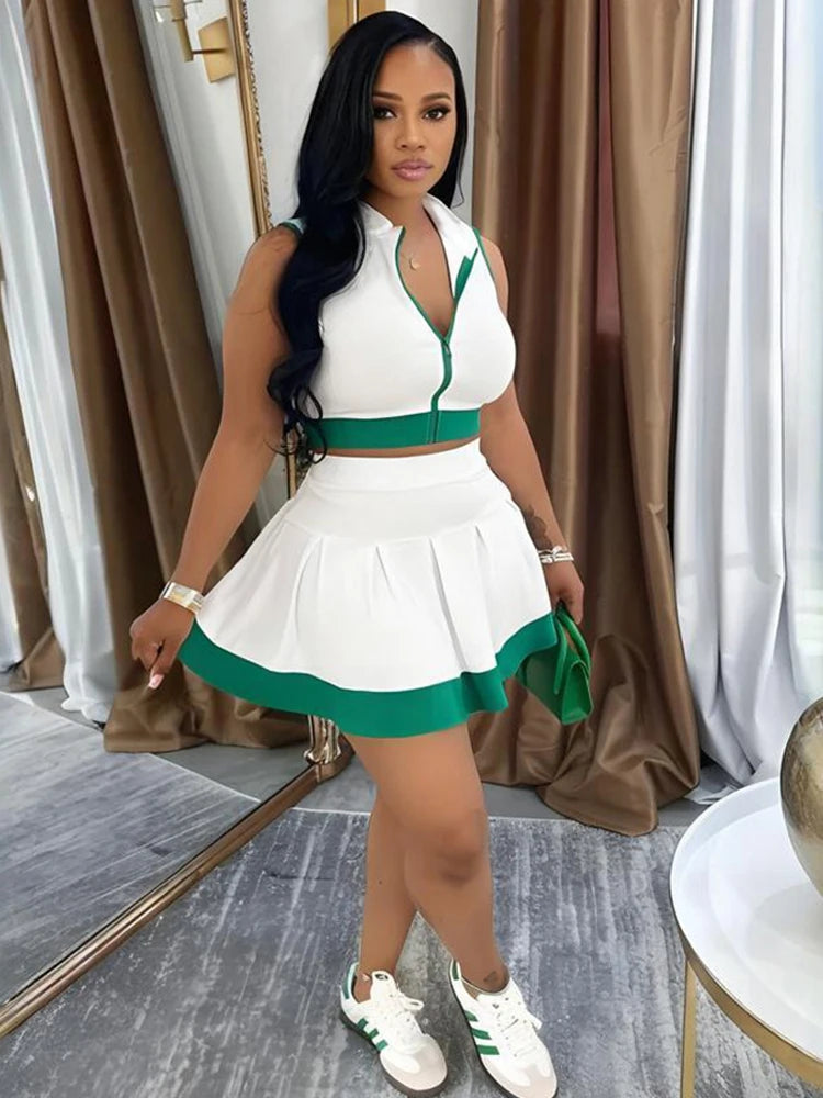 Beyprern Cute Girls Zipper Front Crop Top And Ruffles Skirt Set Summer Tracksuits Set Two Piece Dress Sporty Tennis Active Set