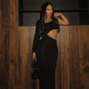 Joskaa Elegant Rhinestone Hollow Maxi Birthday Dress Woman Sexy O-Neck Single Sleeve Skinny Vestidos 2025 Evening Party Clubwear
