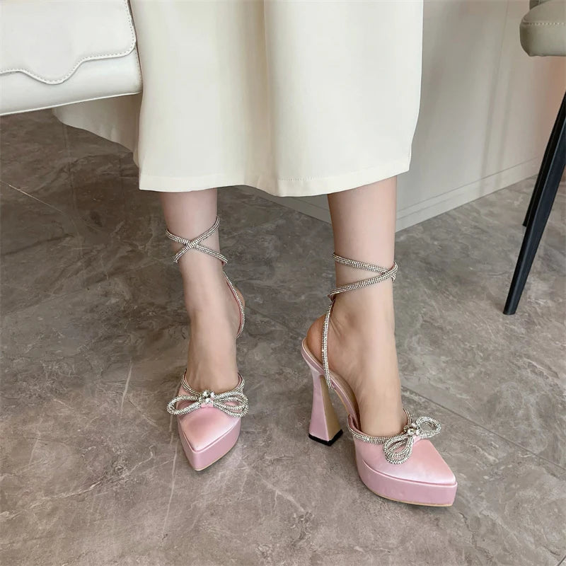 Hlieny 2025 Spring Autumn Women Pumps Fashion Platform Pointed Toe Butterfly-Knot Crystal Party Shoes Ankle Buckle Strap Sandals