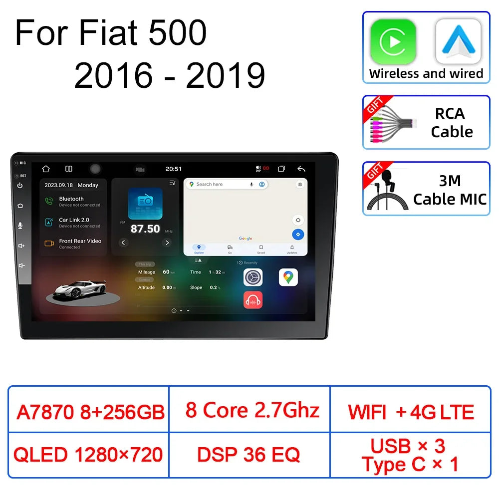 For Fiat 500 2016 2017 2018 2019 Car Multimedia Carplay Android Auto GPS stereo Radio Video Palyer 10 Inch Head Unit