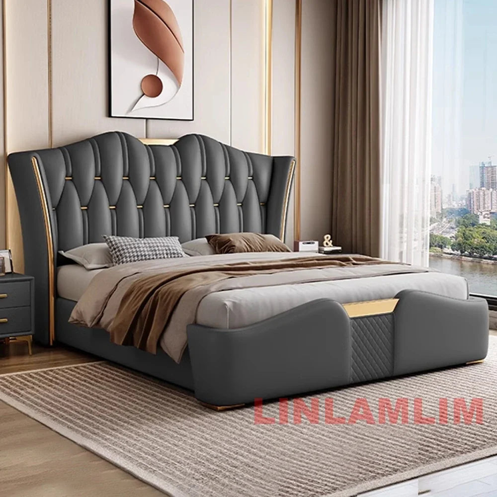 MINGDIBAO Luxury Modern Upholstered Bed Frame with Gold Accents, Genuine Leather Designer Bed, Queen/King Size Bedroom Furniture