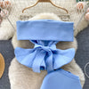 Women Vintage Two Pieces Skirt Sets Women Long Sleeve Sexy Slash Neck Bandage Ruffle Blouse Top and High Waist  Hip Wrap Skirt