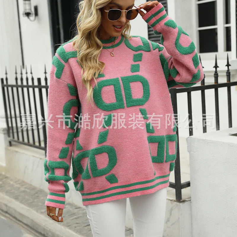 Knitted Sweaters Women 2023 Spring/Autumn Round neck Letter  Embroidery Pullovers Top Temperament casual warm Tee contrast color