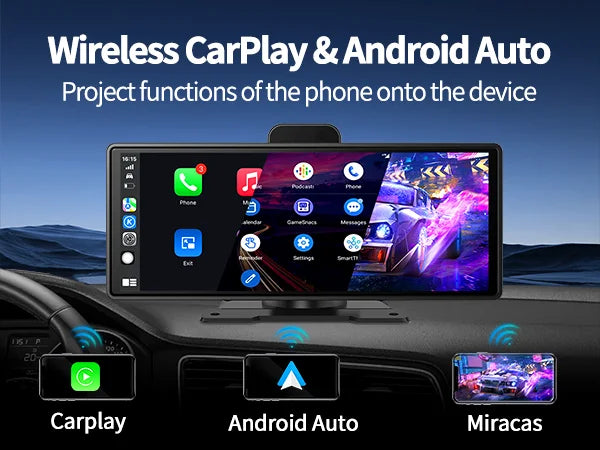 Imagebon 10.26" 4K ADAS Wireless CarPlay & Android Auto Dash Cam Night Vision 24h Park Monitoring Loop Recording GPS FM Car DVR
