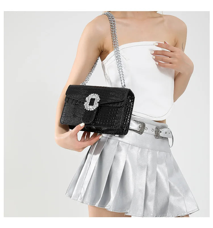 Crocodile Embossed Shoulder Bags For Women Flap PU Leather Fashion Rhinestone Decor Small Square Crossbody Bag Designer Handbag