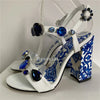 Luxury Diamond Crystal Decor Modern Sandals Women Blue And White Porcelain Print Ankle Strap Summer Shoes For Girls