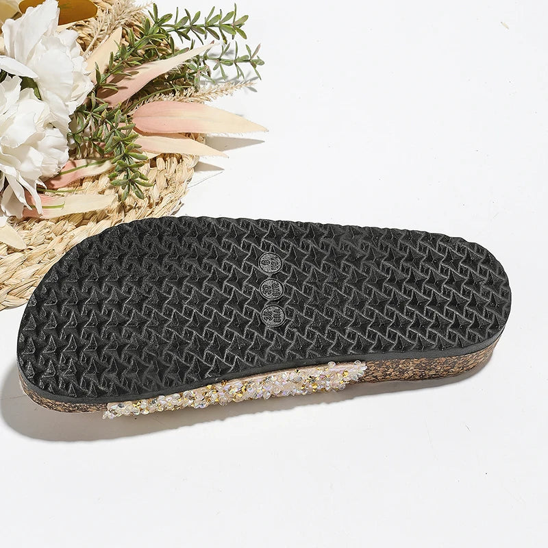 Double Metal New Fashion Buckle Diamond Sequins Slippers Home Leisure Beach Women's Flat Sandals for Fall and Winter Models