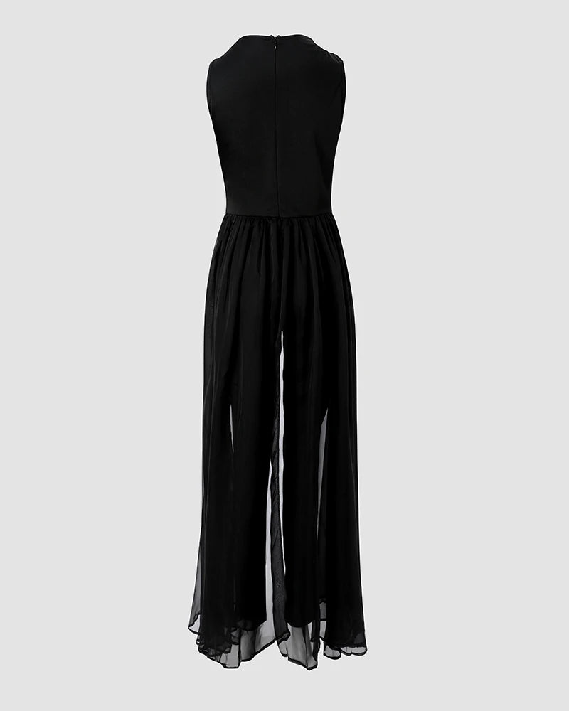 2025 Summer Women's Sexy Round Neck Rhinestone Sheer Mesh Sleeveless Jumpsuit with Belt New Fashion Rompers Womens Jumpsuit