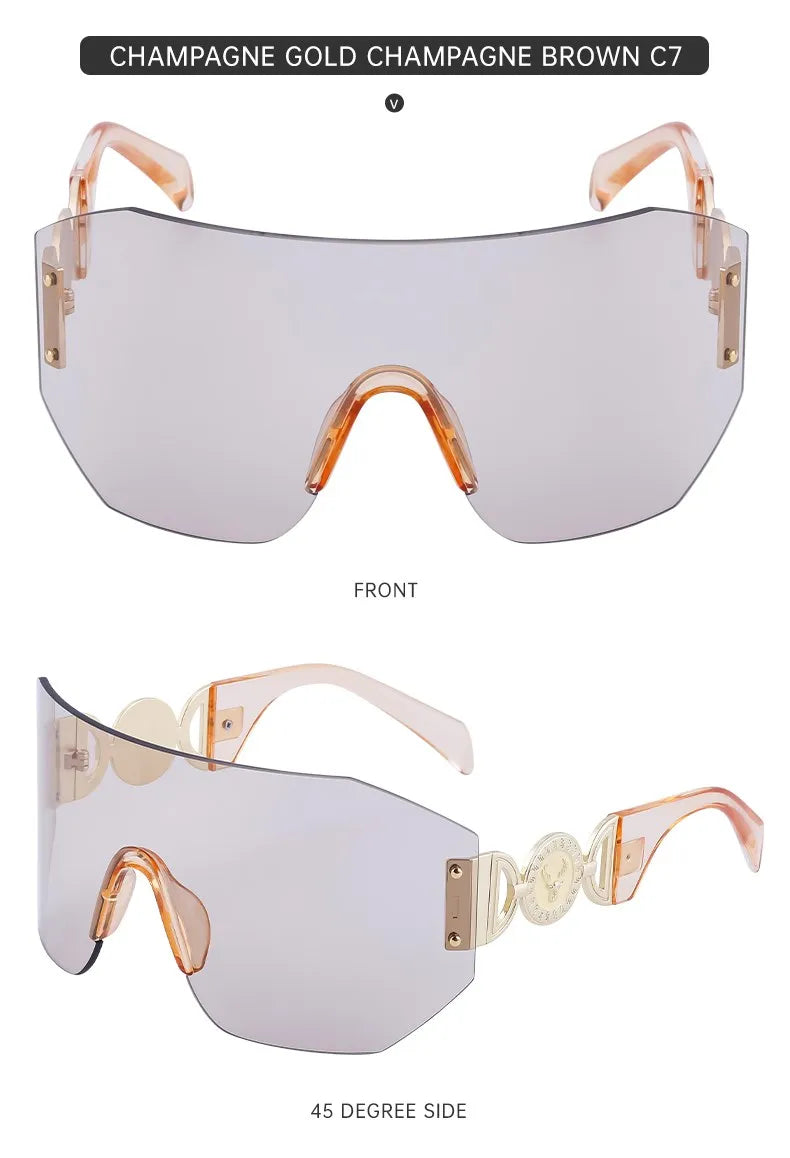 Oversized Shield Rimless Punk Sunglasses Women 2024 Luxury Brand Fashion Winged Sun Glasses For Ladies Shades Eyewear UV400