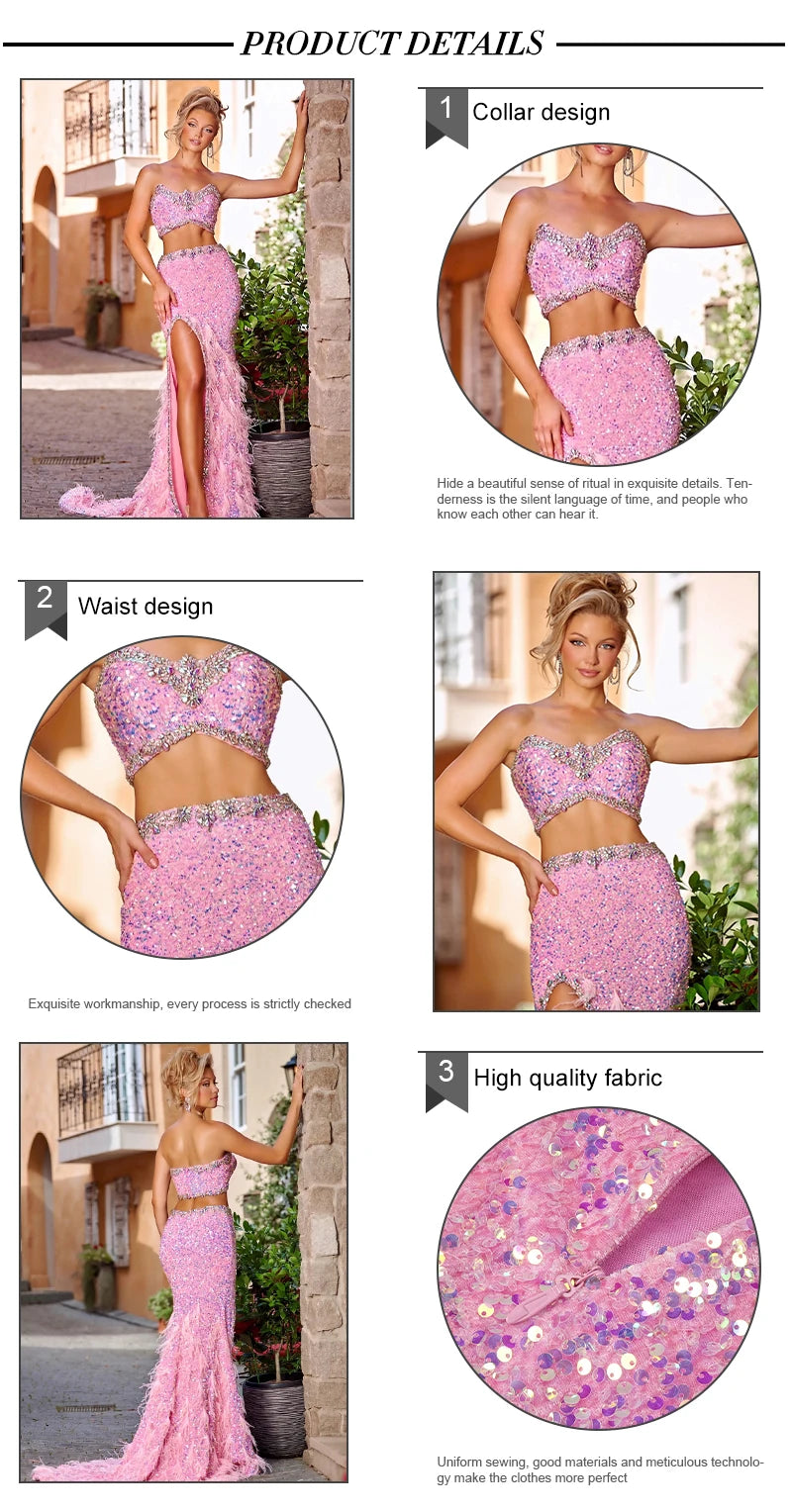 VC Pink Sparkly Sequins Long Dress Beaded Crystal Feather Embellished High Slit Straight Floor-length Prom Evening Gown Vestidos