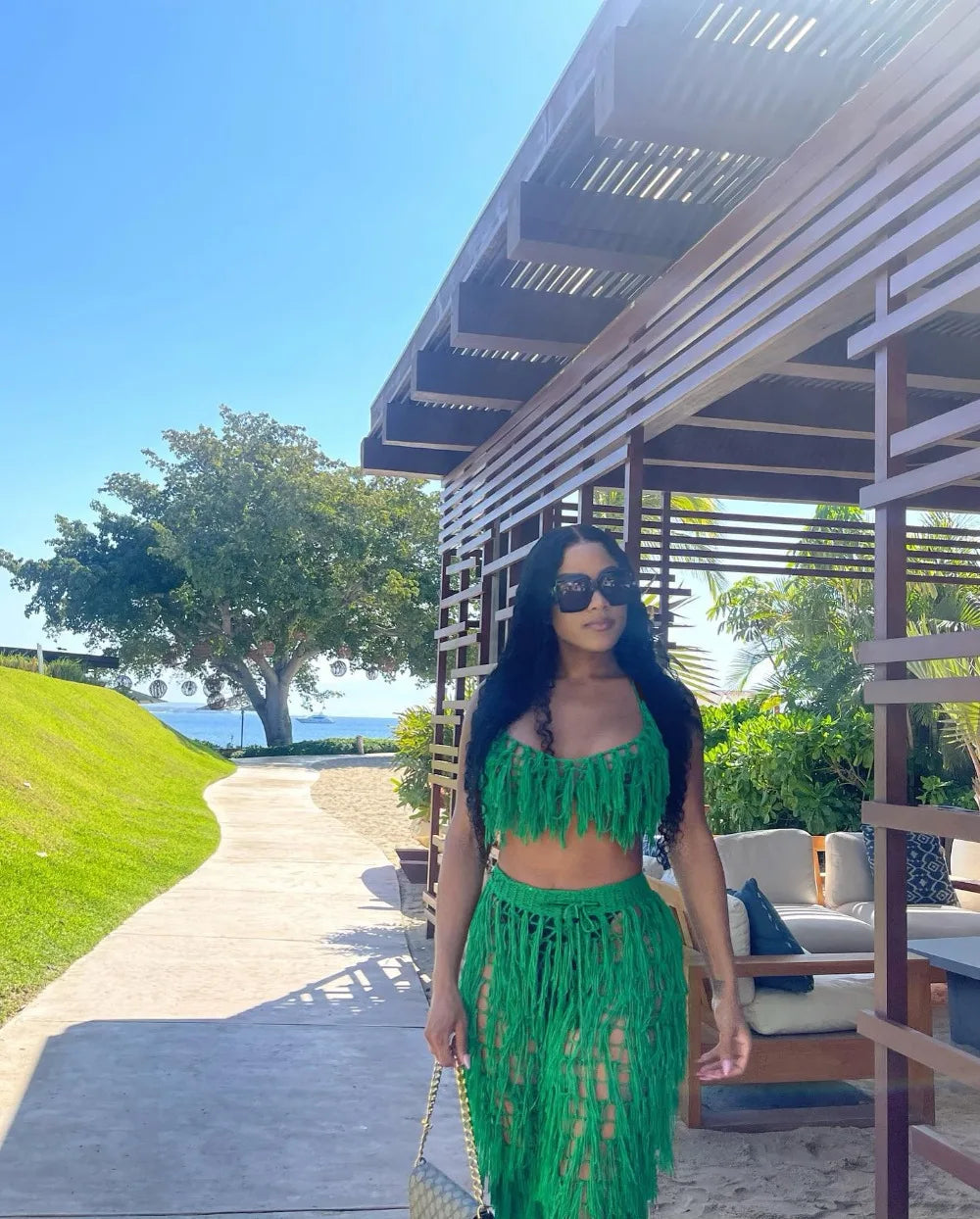 FAGADOER Sexy Hollow Out Tassels Pants Two Piece Sets Women Halter Sleeveless Backless Crop Top + Pants Outfit Female Streetwear