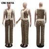 CM.YAYA Women's Set Sleeveless Fur Leopard Sequined V-neck Wool Vest and Pant Suits 2024 Street Two 2 Piece Set Outfit Tracksuit