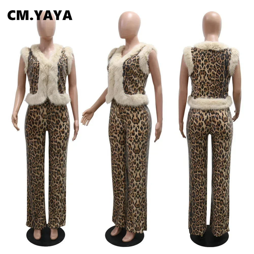 CM.YAYA Women's Set Sleeveless Fur Leopard Sequined V-neck Wool Vest and Pant Suits 2024 Street Two 2 Piece Set Outfit Tracksuit