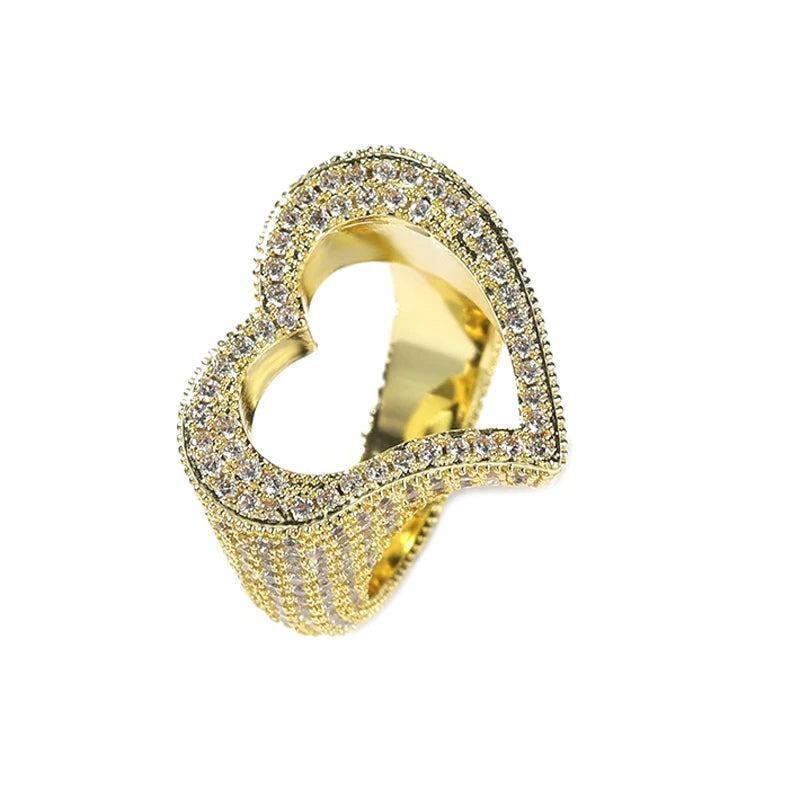 New Full Iced Out Bling Hollow Heart Ring Gold Silver Color 5A CZ Micro Pave Cubic Zircon Rings Hip Hop Punk Men Women Jewelry