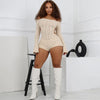 2025 Spring Women's Clothes Above Knee Sexy Knit Rib Romper One Piece Off Shoulder Long Sleeve Skinny Short Jumpsuits Playsuits