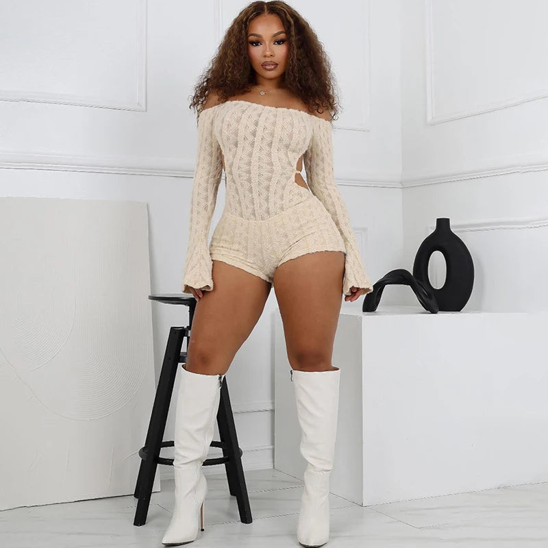 2025 Spring Women's Clothes Above Knee Sexy Knit Rib Romper One Piece Off Shoulder Long Sleeve Skinny Short Jumpsuits Playsuits