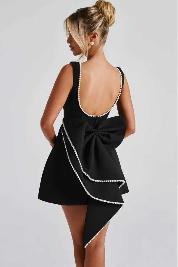 Elegant Pearl Bow Backless Short Dress Women's Sleeveless Party Cute Mini Dresses Black White Pink Chic Birthday Evening Y2K New