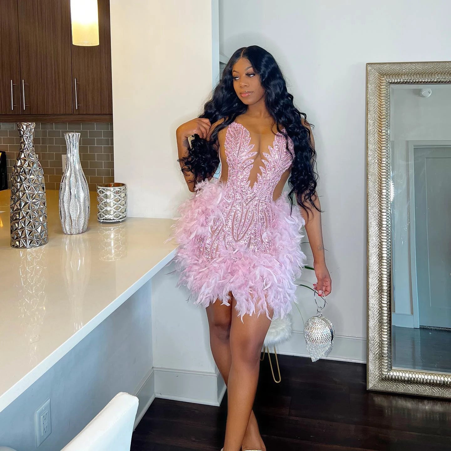 Luxury Sheer Neckline Women Cocktail Dress Pink Feather Black Girl Short Prom Dresses 2026 For Birthday Party
