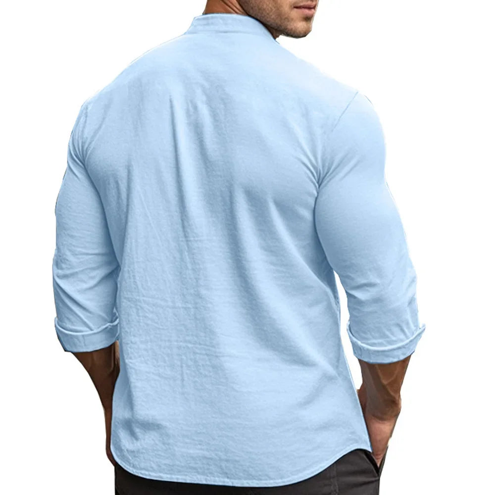 Spring and Summer Men's Shirt Cotton Linen Slim Casual Hawaii Solid Colour Basic Style Breathable Men's Versatile Tops