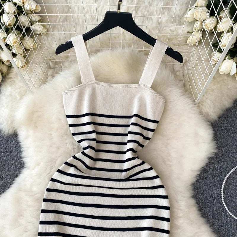 Striple 2024 Sexy Summer Knit Strap Dress Women Tank Elatic Waist Bodycon Sundress Female Beach  Backless Midi Dress