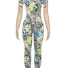 Insglas Print Jumpsuit Women Casual Colorful  Short Sleeve Summer Activity o-Neck Skinny Stretch Fitness Soft Street Overalls