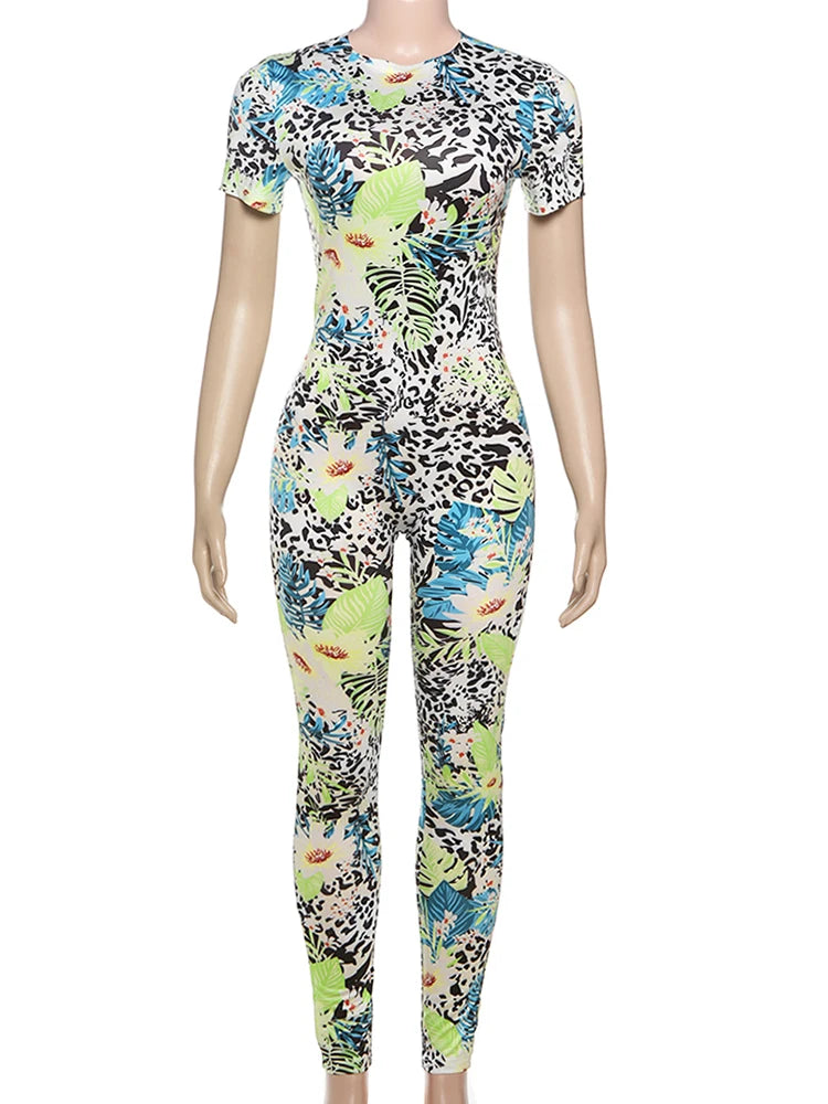 Insglas Print Jumpsuit Women Casual Colorful  Short Sleeve Summer Activity o-Neck Skinny Stretch Fitness Soft Street Overalls