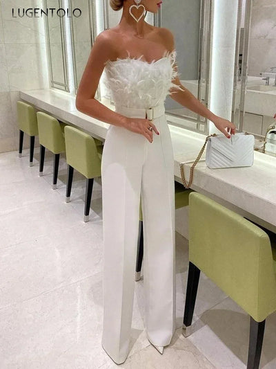 Women Sexy Jumpsuit Breast Wrap Spring Summer Fashion Female Elegant White Empire Casual Straight Long Jumpsuits