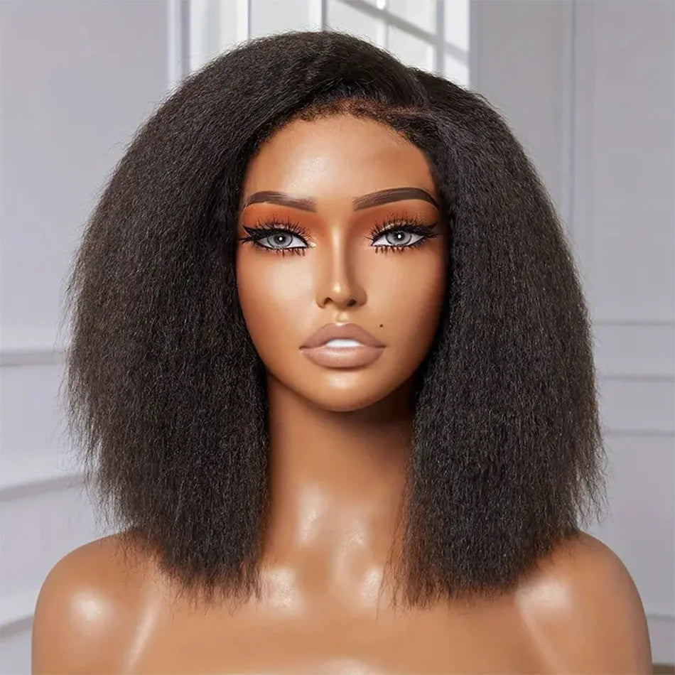 Peruvian Kinky Straight Wig Glueless Short Bob Wigs Human Hair 13X4 Yaki Straight Lace Front Wig Pre Plucked Closure Wig 180%