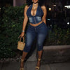 HLJ&GG Blue Fashion Denim Halter Two Piece Sets Women Sleeveless Backless Slim Crop Top And Skinny Jean Pants Outfits Streetwear