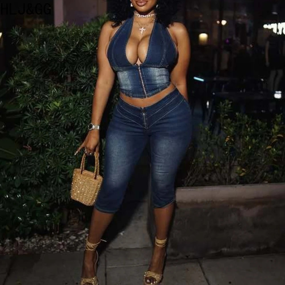 HLJ&GG Blue Fashion Denim Halter Two Piece Sets Women Sleeveless Backless Slim Crop Top And Skinny Jean Pants Outfits Streetwear