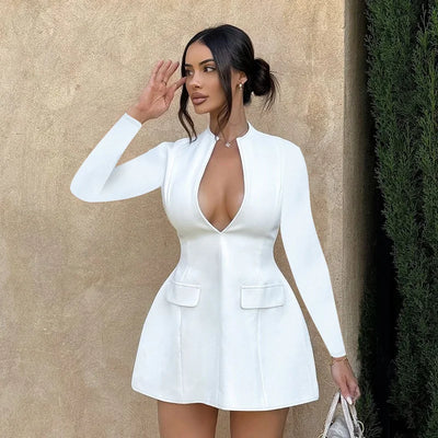 Sexy Fitted V-Neck Long-Sleeve Dress Elegant Solid Color High-Waist Pencil Skirt New Stylish Autumn/Winter Women's Banquet Dress