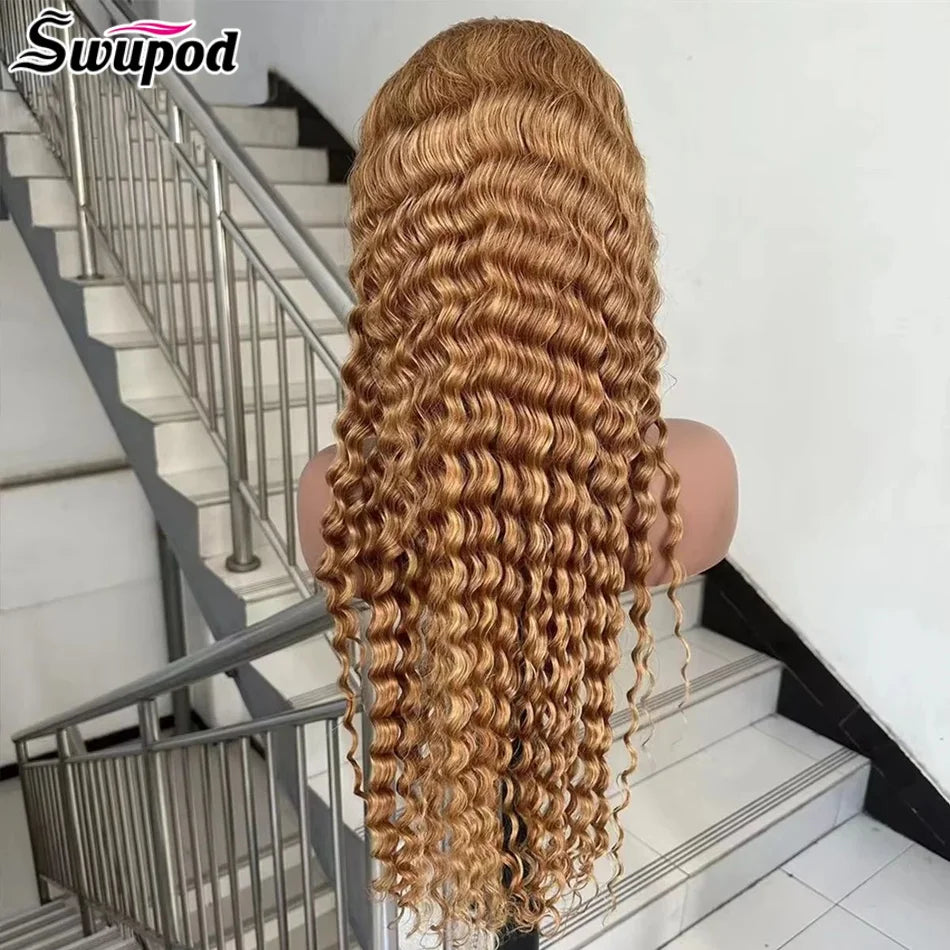 Swupod 200 Density Full 13x4 13x6 HD Lace Front Wig for Women Remy Human Hair Deep 4x4 Frontal Wig 27#Light Brown Color Glueless