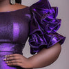 Plus Size Cocktail Party Purple Round Neck Puff Sleeve Half Sleeve Ruffle Glitter Midi Dresses