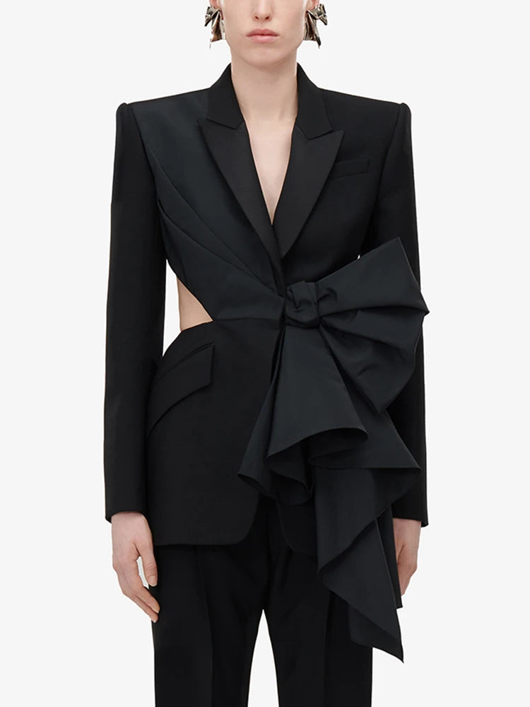 TWOTWINSTYLE Solid Spliced Bowknot Hollow Out Blazer For Women Notched Collar Long Sleeve Tunic Temperament Blazers Female New
