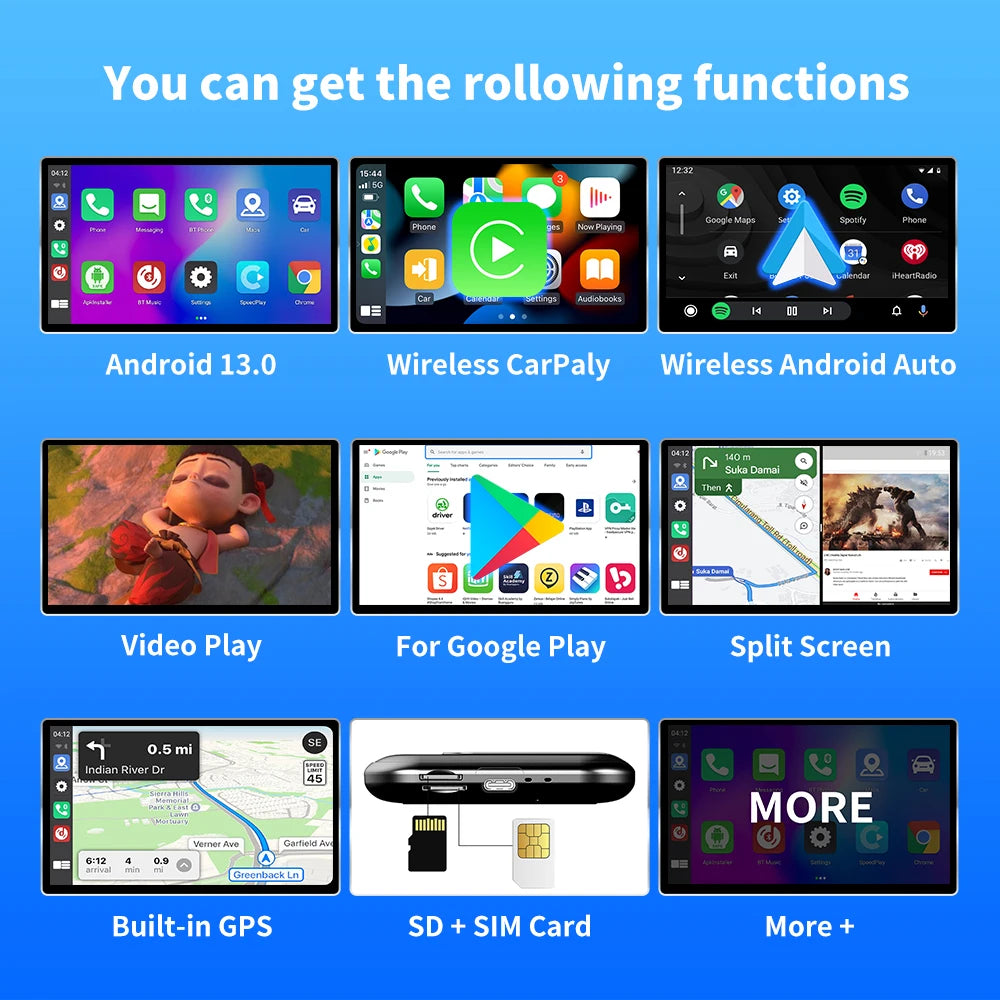 CarAiBOX CarPlay Ai Box Qualcomm 6125 8-Core CPU Android 13.0 System Wireless CarPlay Android auto Built-in Google Play Store