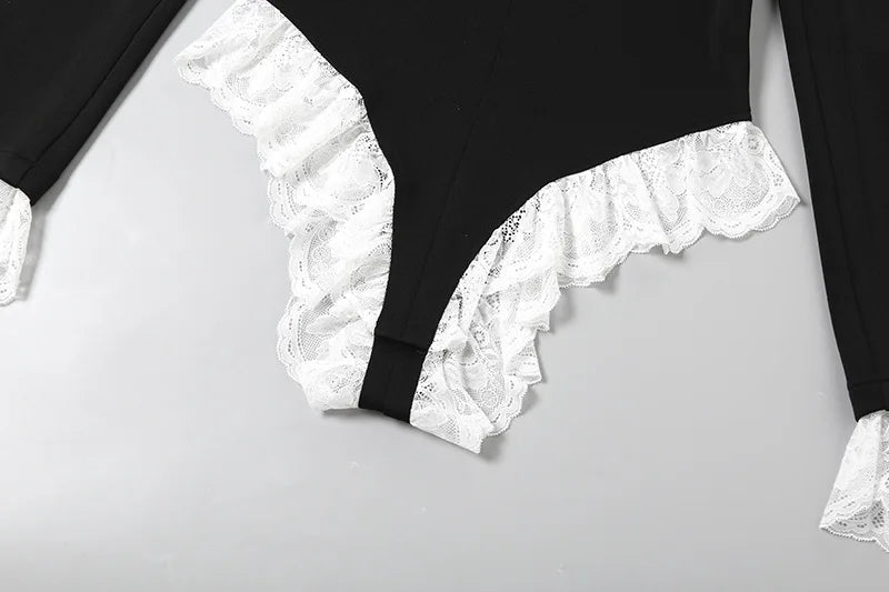 Joskaa Women Lace Patchwork Black Blazer Bodysuits Sexy Deep V-Neck Long Sleeve One Piece Rompers Coquette Midnight Clubwear