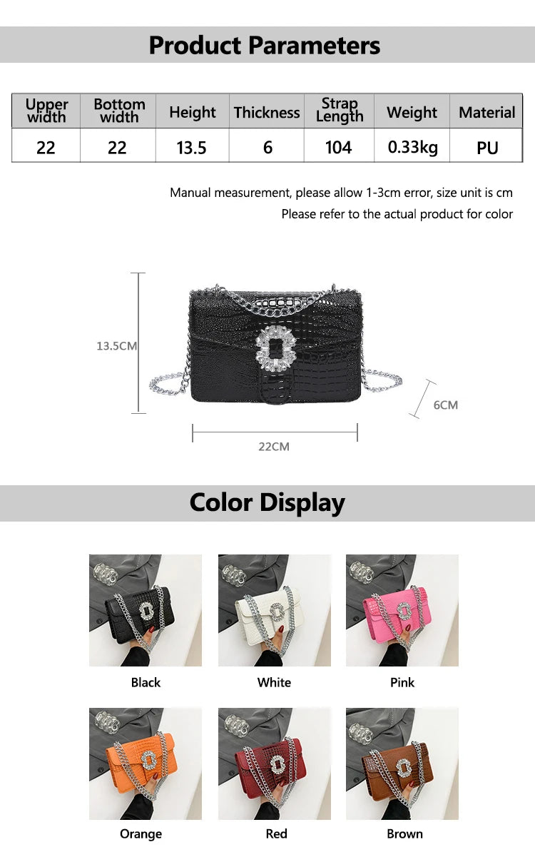 Crocodile Embossed Shoulder Bags For Women Flap PU Leather Fashion Rhinestone Decor Small Square Crossbody Bag Designer Handbag